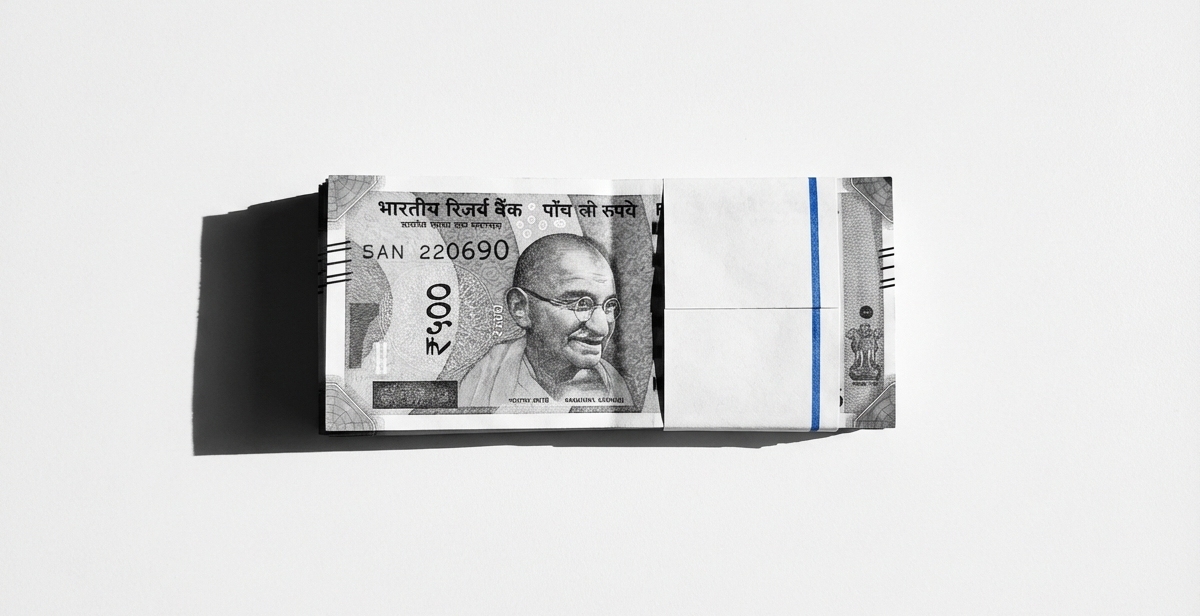 Stack of Indian rupee notes on white surface in morning sunlight — Bengaluru deposit recovery Rs 2.6 lakh