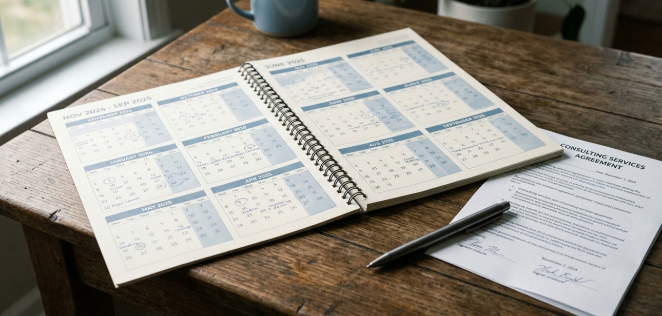 Calendar with 11 months highlighted beside a folded rental agreement