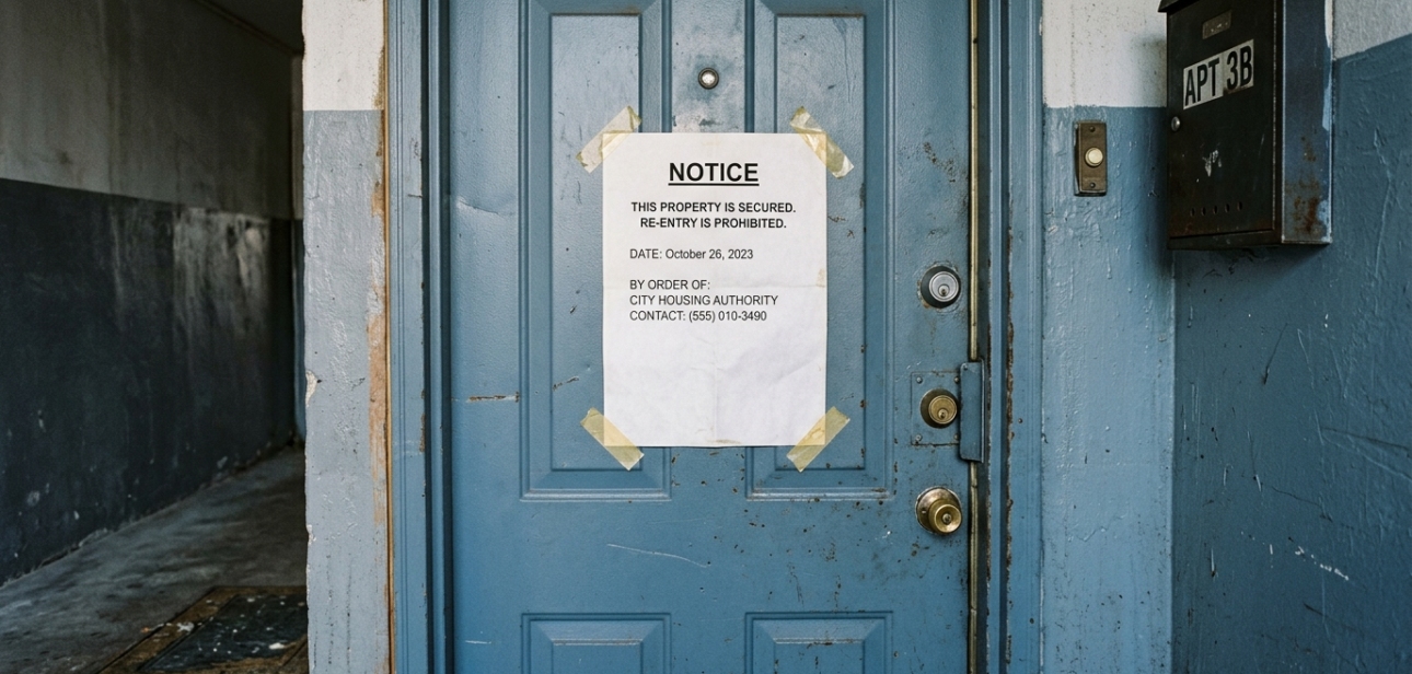Locked apartment door with a notice paper taped to it