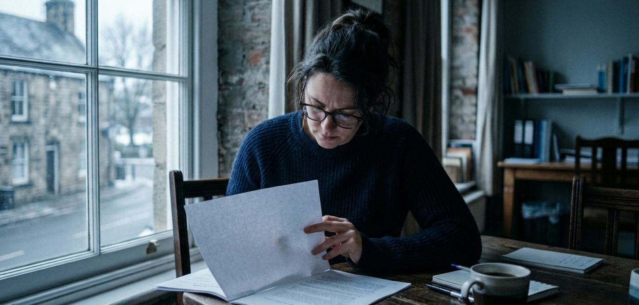Checklist on clipboard with items ticked beside a cup of tea on a wooden desk