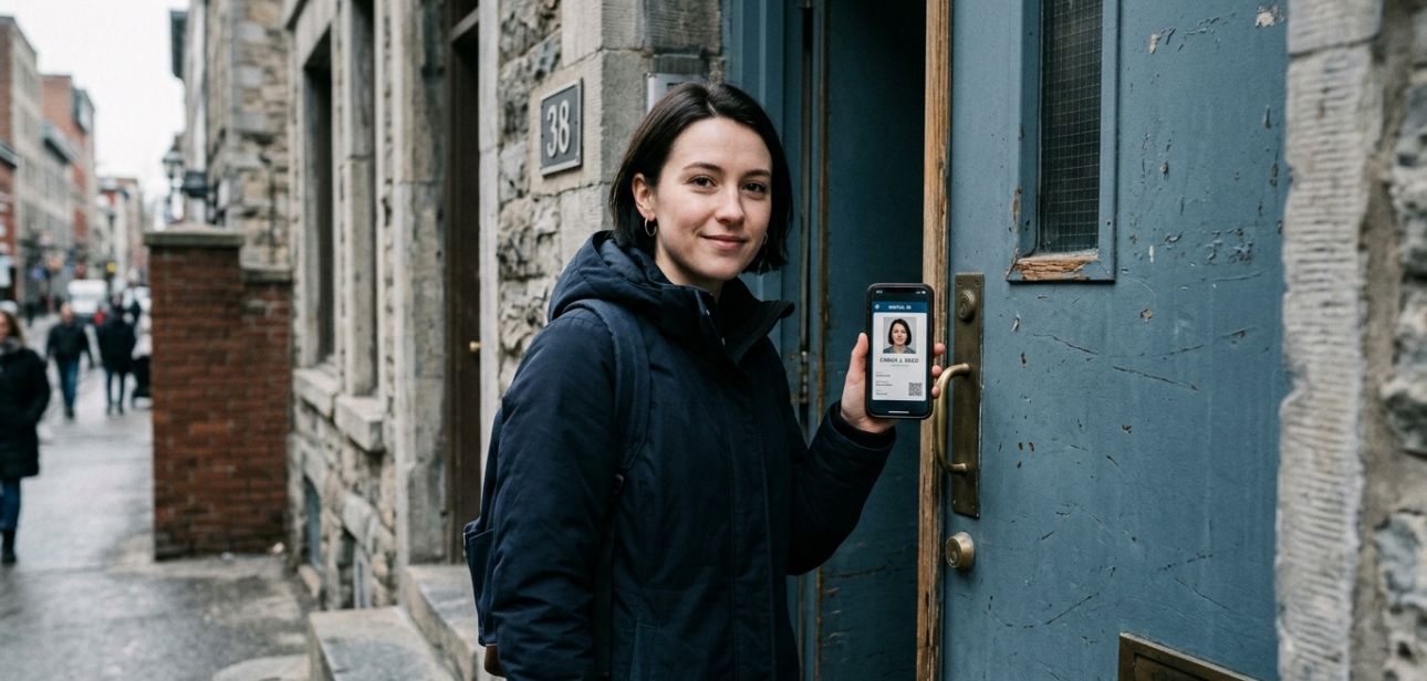 Person verifying identity document at a rental property door
