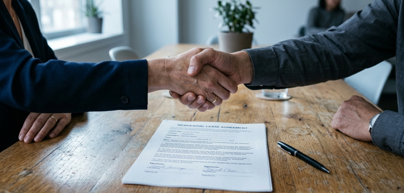 Handshake over a rental agreement document on a wooden table