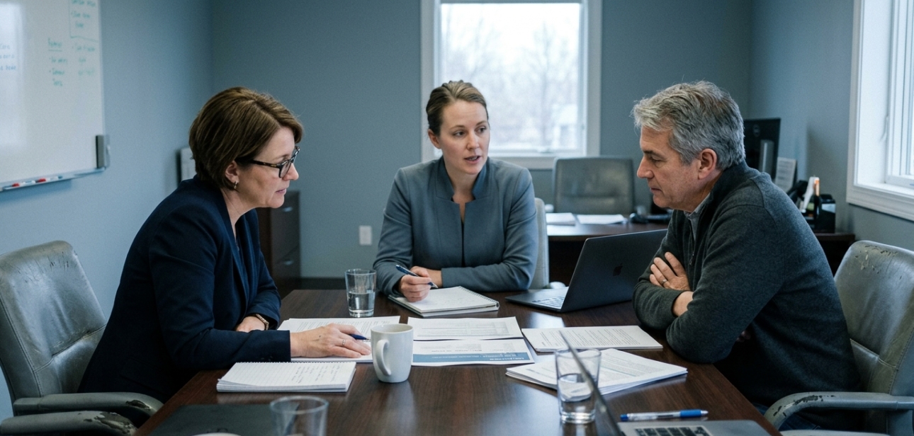 Two people in discussion across a table with documents, mediation setting